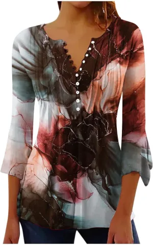 Ceboyel Womens Summer Tops 2023 Floral Button Down Tunic Shirts 3/4 Sleeve Tops Blouse Trendy Dressy Casual Ladies Clothes