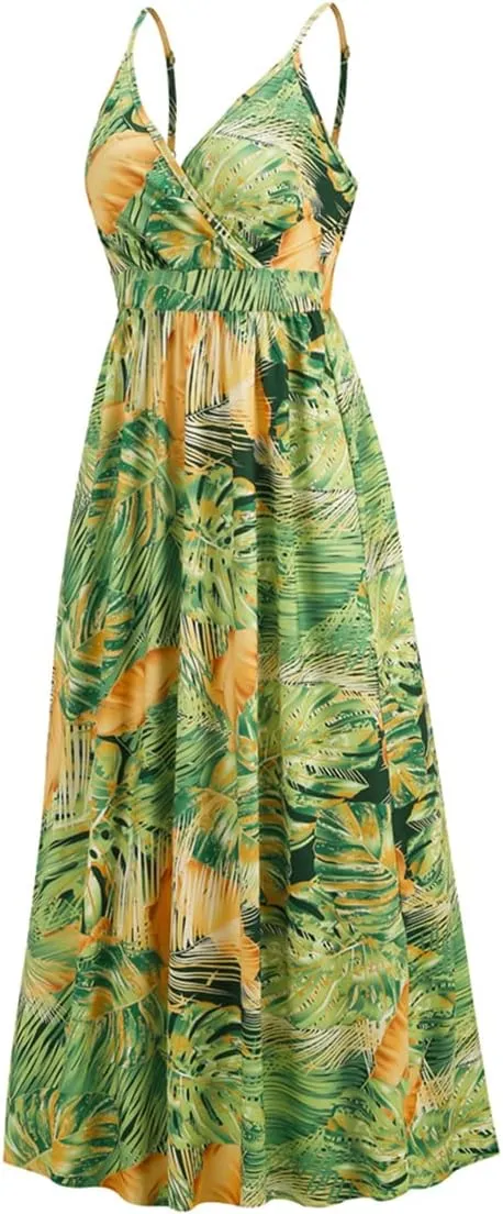 Chaos World Hawaiian Dresses for Women Boho Maxi Dress V-Neck Floral Summer Dress Beach Spaghetti Strap
