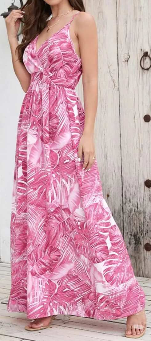 Chaos World Hawaiian Dresses for Women Boho Maxi Dress V-Neck Floral Summer Dress Beach Spaghetti Strap
