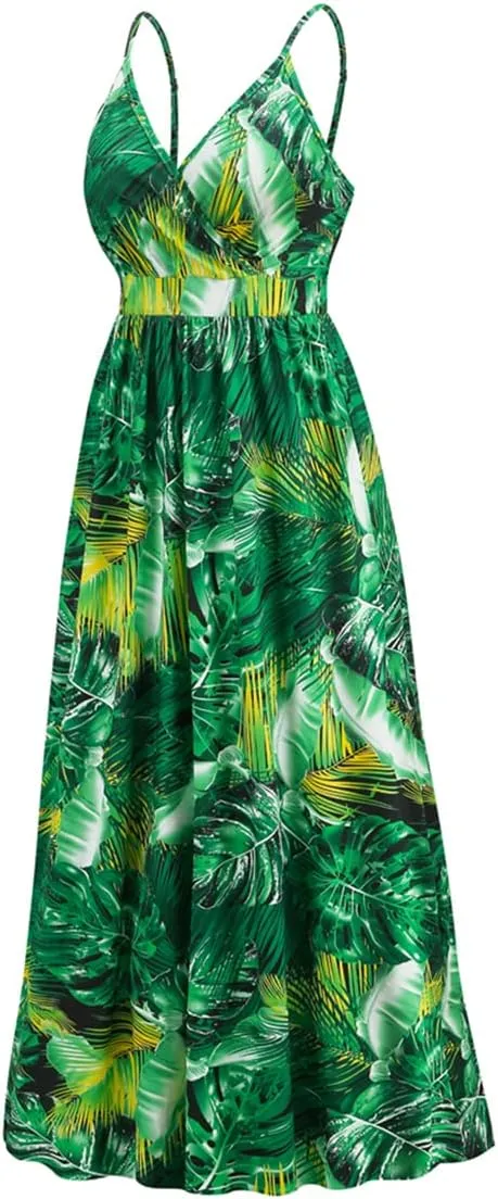 Chaos World Hawaiian Dresses for Women Boho Maxi Dress V-Neck Floral Summer Dress Beach Spaghetti Strap