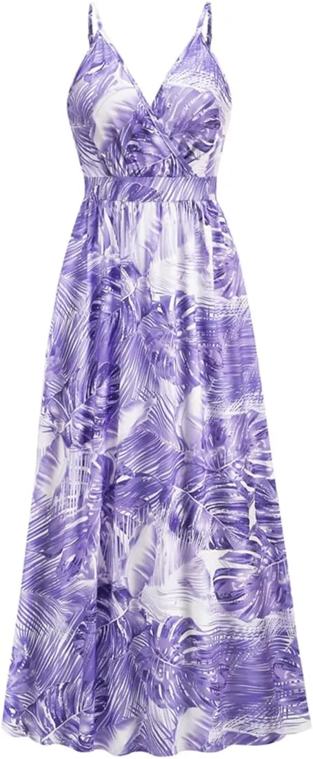 Chaos World Hawaiian Dresses for Women Boho Maxi Dress V-Neck Floral Summer Dress Beach Spaghetti Strap