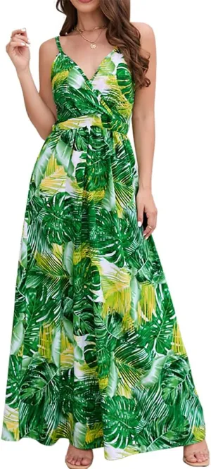 Chaos World Hawaiian Dresses for Women Boho Maxi Dress V-Neck Floral Summer Dress Beach Spaghetti Strap