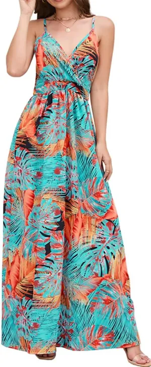 Chaos World Hawaiian Dresses for Women Boho Maxi Dress V-Neck Floral Summer Dress Beach Spaghetti Strap