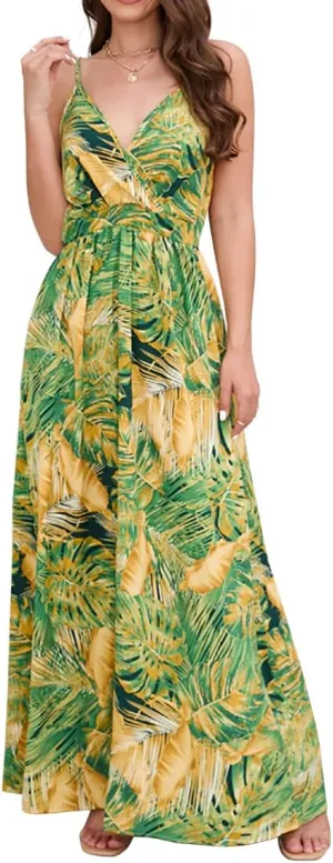 Chaos World Hawaiian Dresses for Women Boho Maxi Dress V-Neck Floral Summer Dress Beach Spaghetti Strap