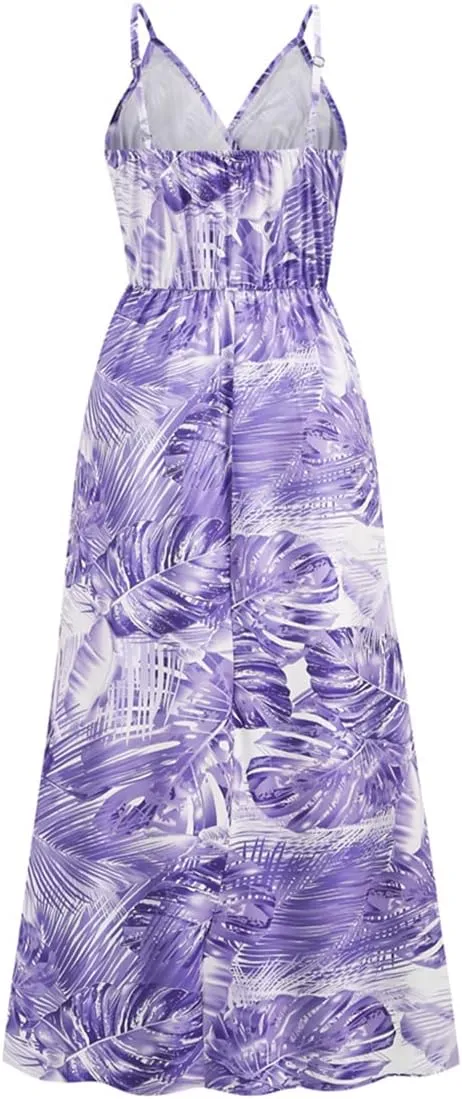Chaos World Hawaiian Dresses for Women Boho Maxi Dress V-Neck Floral Summer Dress Beach Spaghetti Strap