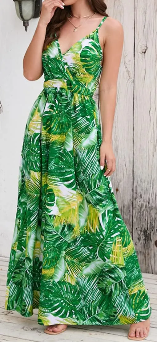 Chaos World Hawaiian Dresses for Women Boho Maxi Dress V-Neck Floral Summer Dress Beach Spaghetti Strap