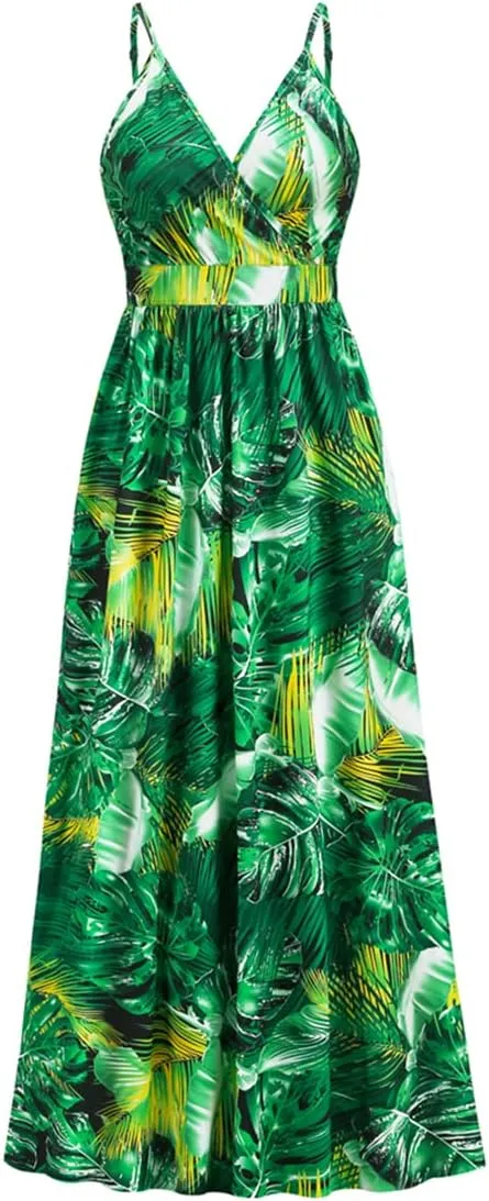 Chaos World Hawaiian Dresses for Women Boho Maxi Dress V-Neck Floral Summer Dress Beach Spaghetti Strap