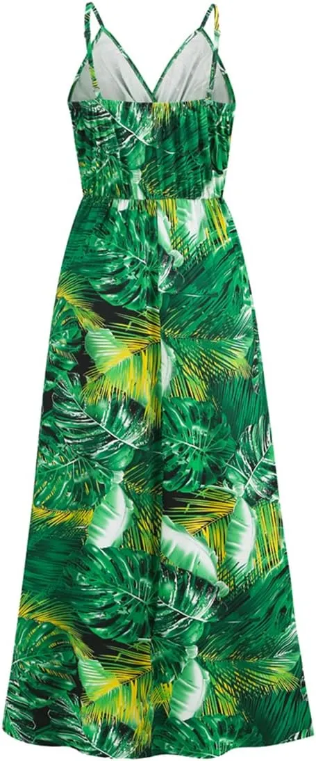 Chaos World Hawaiian Dresses for Women Boho Maxi Dress V-Neck Floral Summer Dress Beach Spaghetti Strap