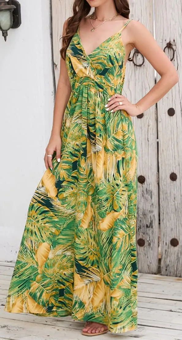 Chaos World Hawaiian Dresses for Women Boho Maxi Dress V-Neck Floral Summer Dress Beach Spaghetti Strap