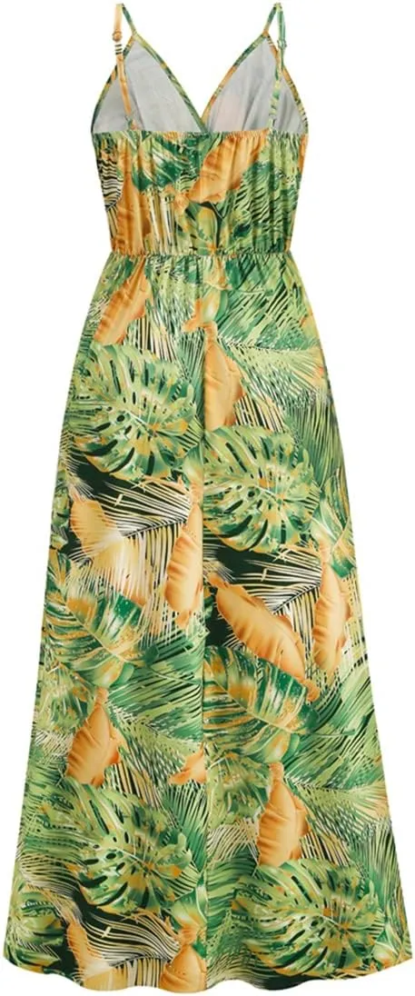 Chaos World Hawaiian Dresses for Women Boho Maxi Dress V-Neck Floral Summer Dress Beach Spaghetti Strap