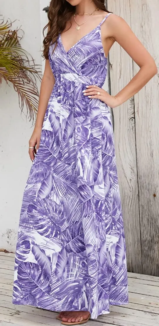 Chaos World Hawaiian Dresses for Women Boho Maxi Dress V-Neck Floral Summer Dress Beach Spaghetti Strap