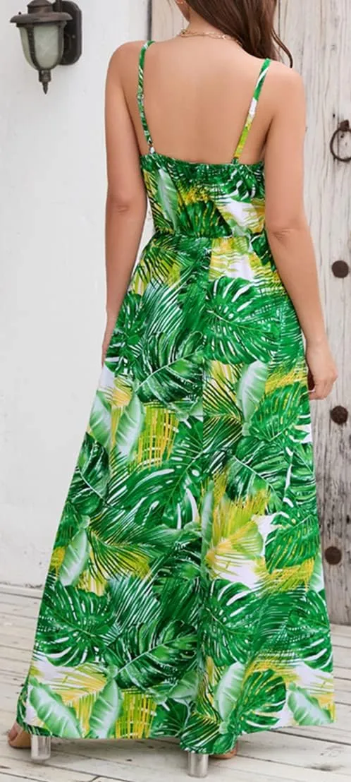 Chaos World Hawaiian Dresses for Women Boho Maxi Dress V-Neck Floral Summer Dress Beach Spaghetti Strap