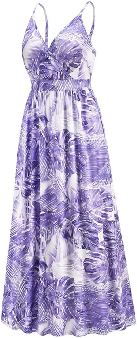Chaos World Hawaiian Dresses for Women Boho Maxi Dress V-Neck Floral Summer Dress Beach Spaghetti Strap