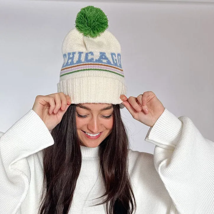 Chicago Block Letter Knit Adult Pom Beanie Hat