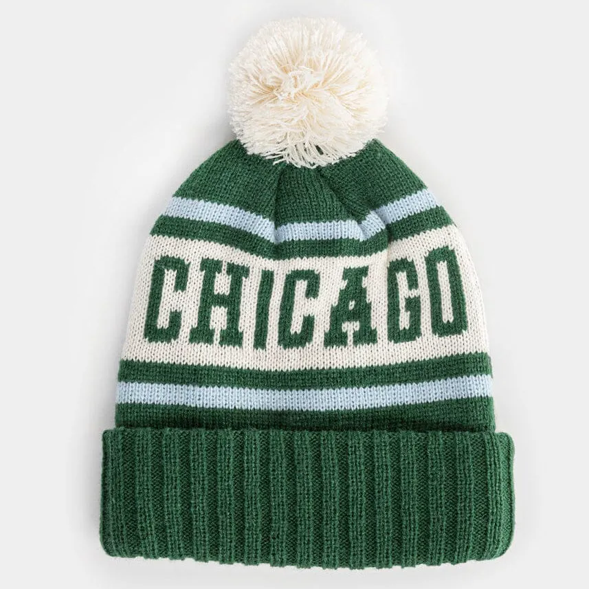 Chicago Block Letter Knit Adult Pom Beanie Hat