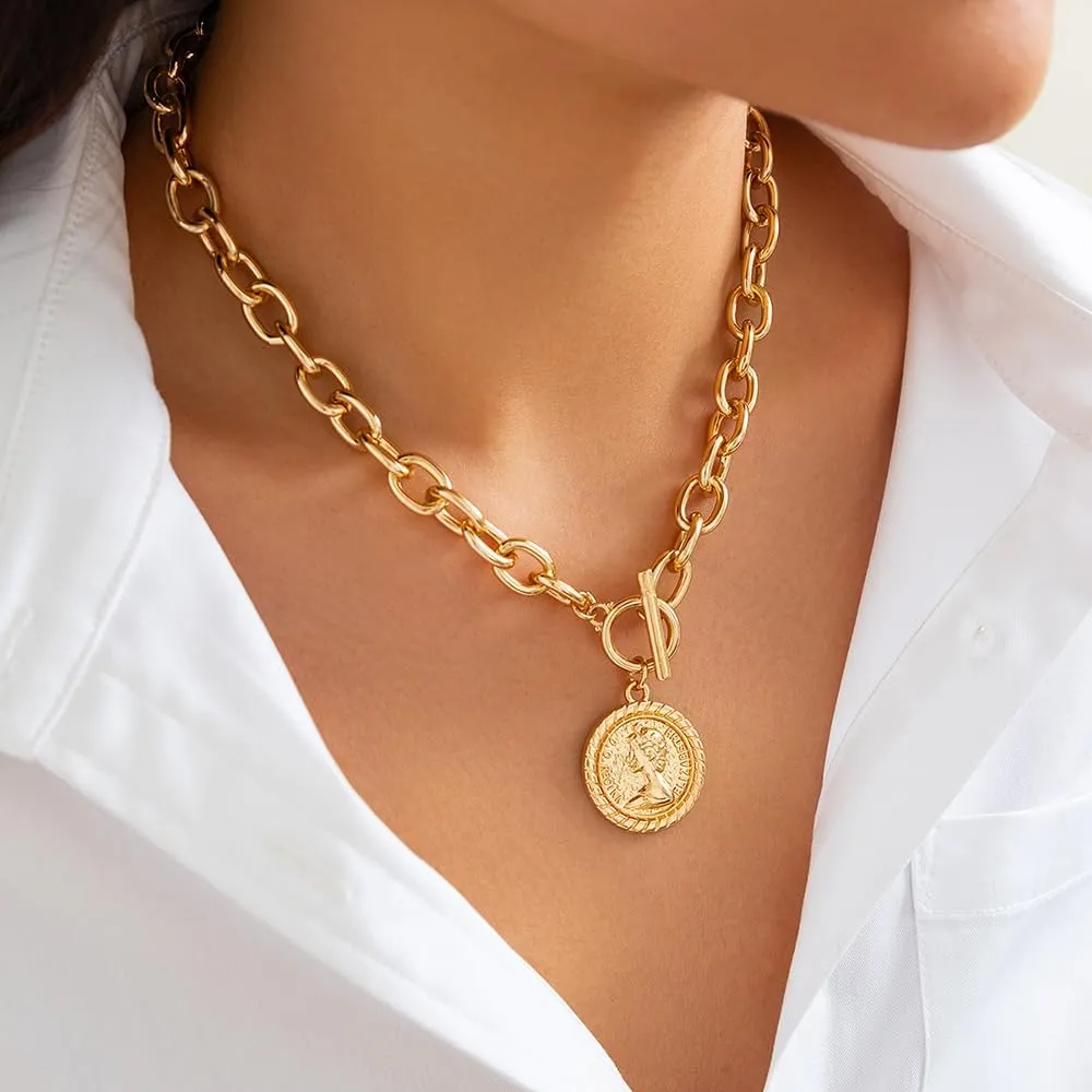 Chunky Gold Heart Necklaces for Women Gold Chunky Cross Necklace Dainty Gold Coin Sun Pendant Necklace Puffy Heart Necklace Cuban Link Necklace OT Buckle Necklace Metal Disc Charm Necklace Gold Statement Jewelry