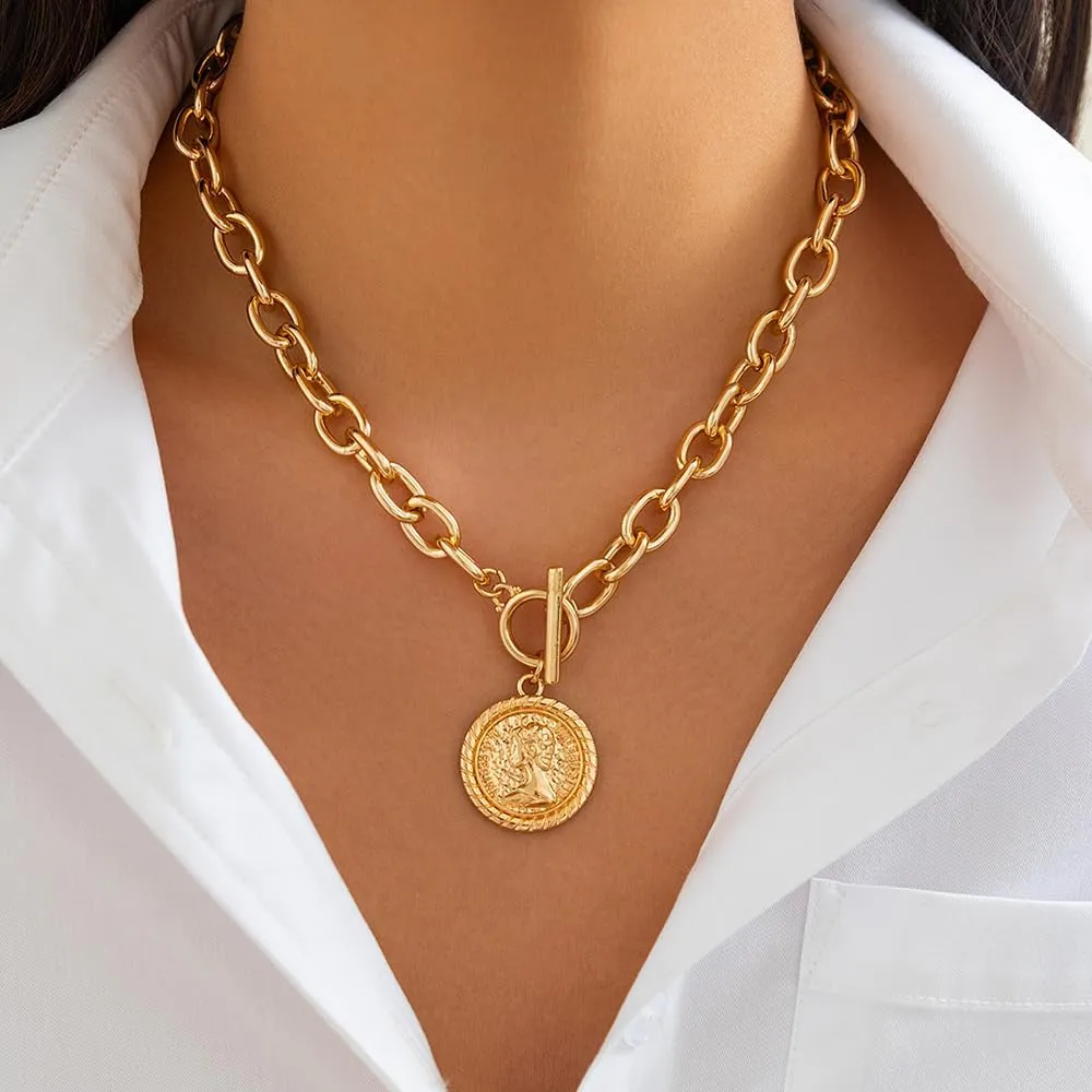 Chunky Gold Heart Necklaces for Women Gold Chunky Cross Necklace Dainty Gold Coin Sun Pendant Necklace Puffy Heart Necklace Cuban Link Necklace OT Buckle Necklace Metal Disc Charm Necklace Gold Statement Jewelry