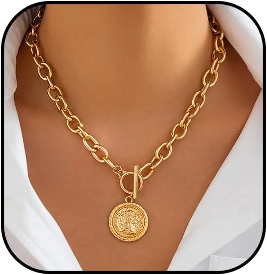 Chunky Gold Heart Necklaces for Women Gold Chunky Cross Necklace Dainty Gold Coin Sun Pendant Necklace Puffy Heart Necklace Cuban Link Necklace OT Buckle Necklace Metal Disc Charm Necklace Gold Statement Jewelry