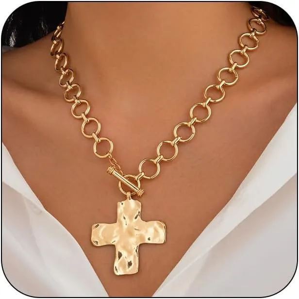 Chunky Gold Heart Necklaces for Women Gold Chunky Cross Necklace Dainty Gold Coin Sun Pendant Necklace Puffy Heart Necklace Cuban Link Necklace OT Buckle Necklace Metal Disc Charm Necklace Gold Statement Jewelry