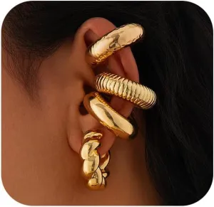 Chunky Silver Ear Cuffs Non Piercing Earrings For Women Exaggerated Large Non-Pierced Clip On Statement Earring Vintage Oversized Gold Hoop Jewelry Gifts