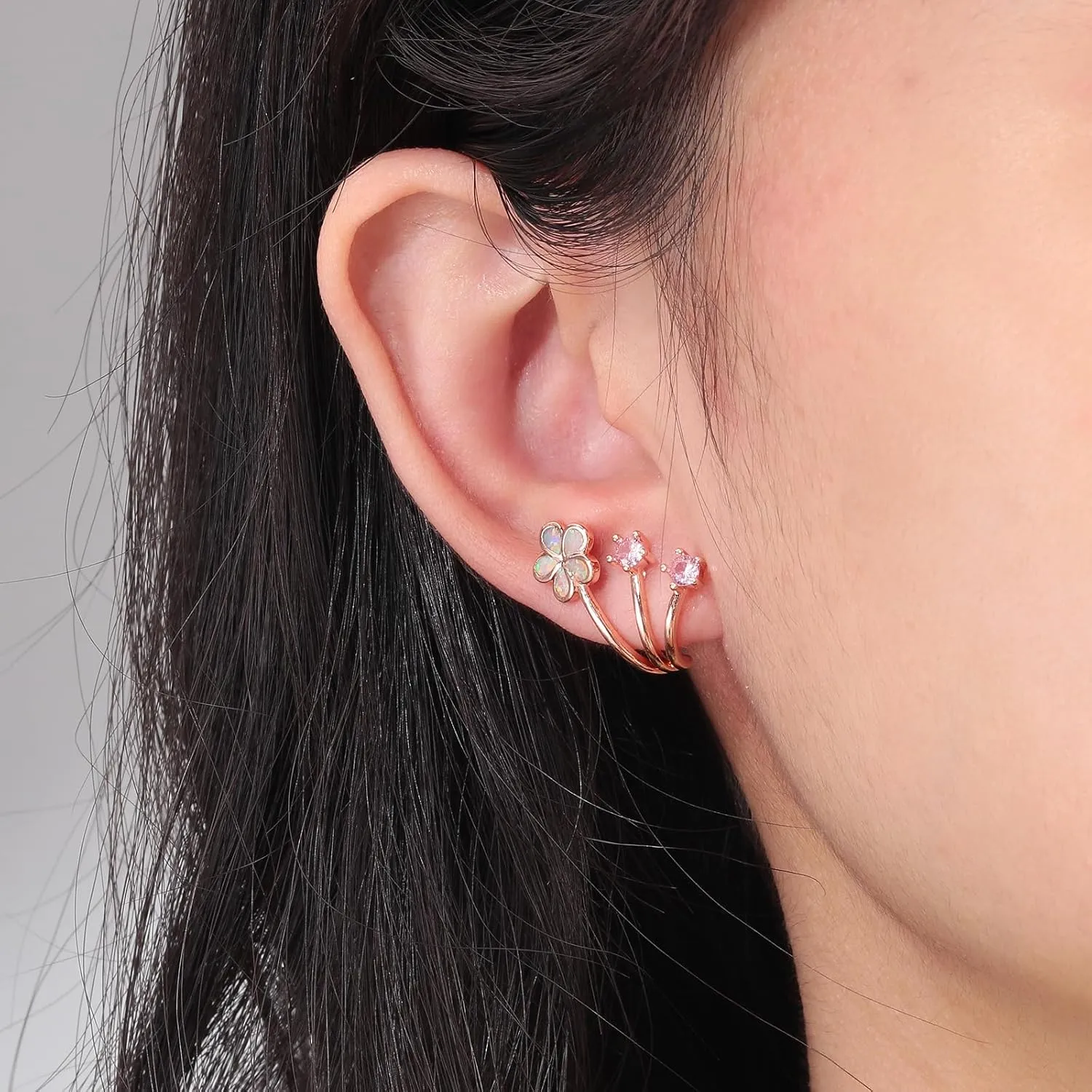 CiNily Cuffs Stud Earrings for Women Trendy 14K White Gold Plated Created Fire Opal Flower Piercings Studs Earrings Cubic Zirconia Claw Ear Wrap Earrings Jewelry Gift for Wedding Party Birthday