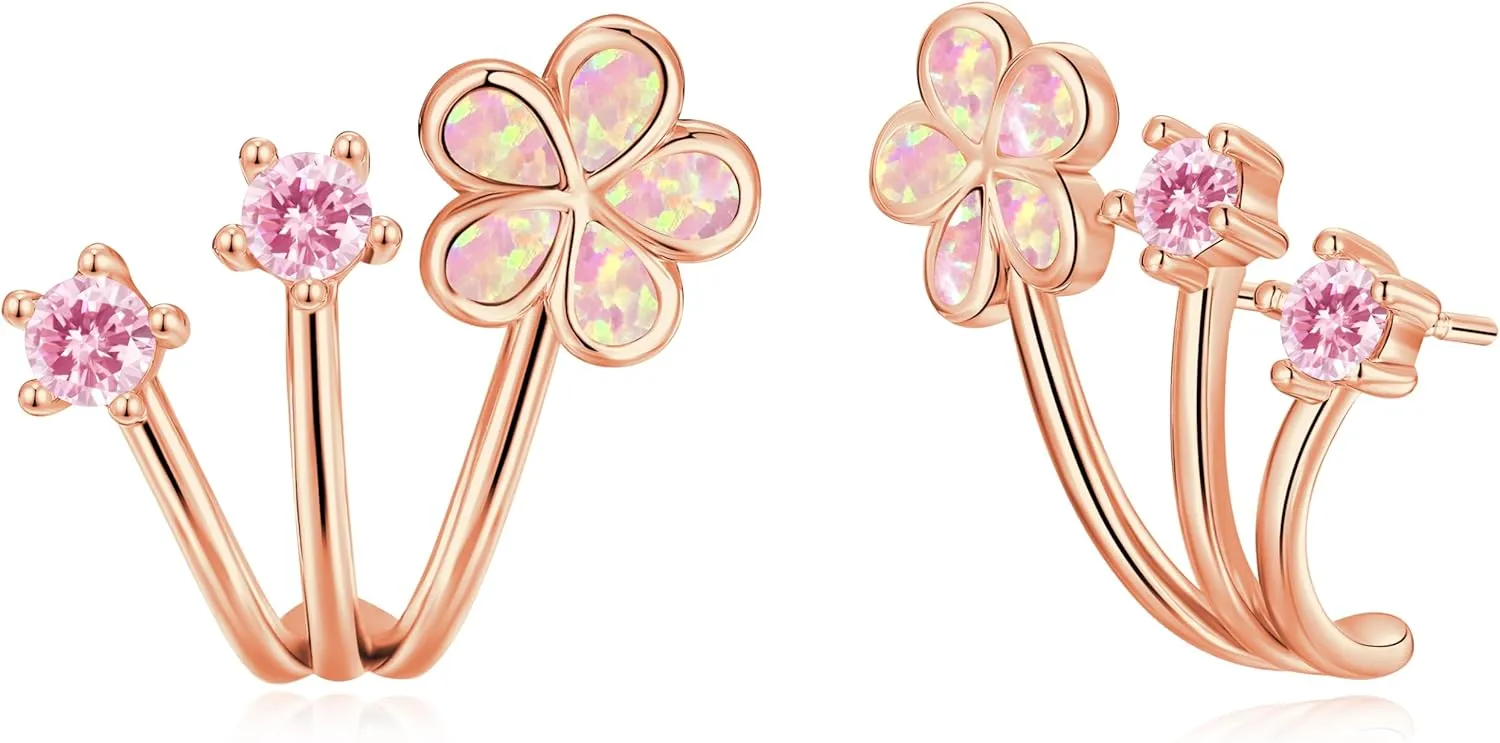 CiNily Cuffs Stud Earrings for Women Trendy 14K White Gold Plated Created Fire Opal Flower Piercings Studs Earrings Cubic Zirconia Claw Ear Wrap Earrings Jewelry Gift for Wedding Party Birthday