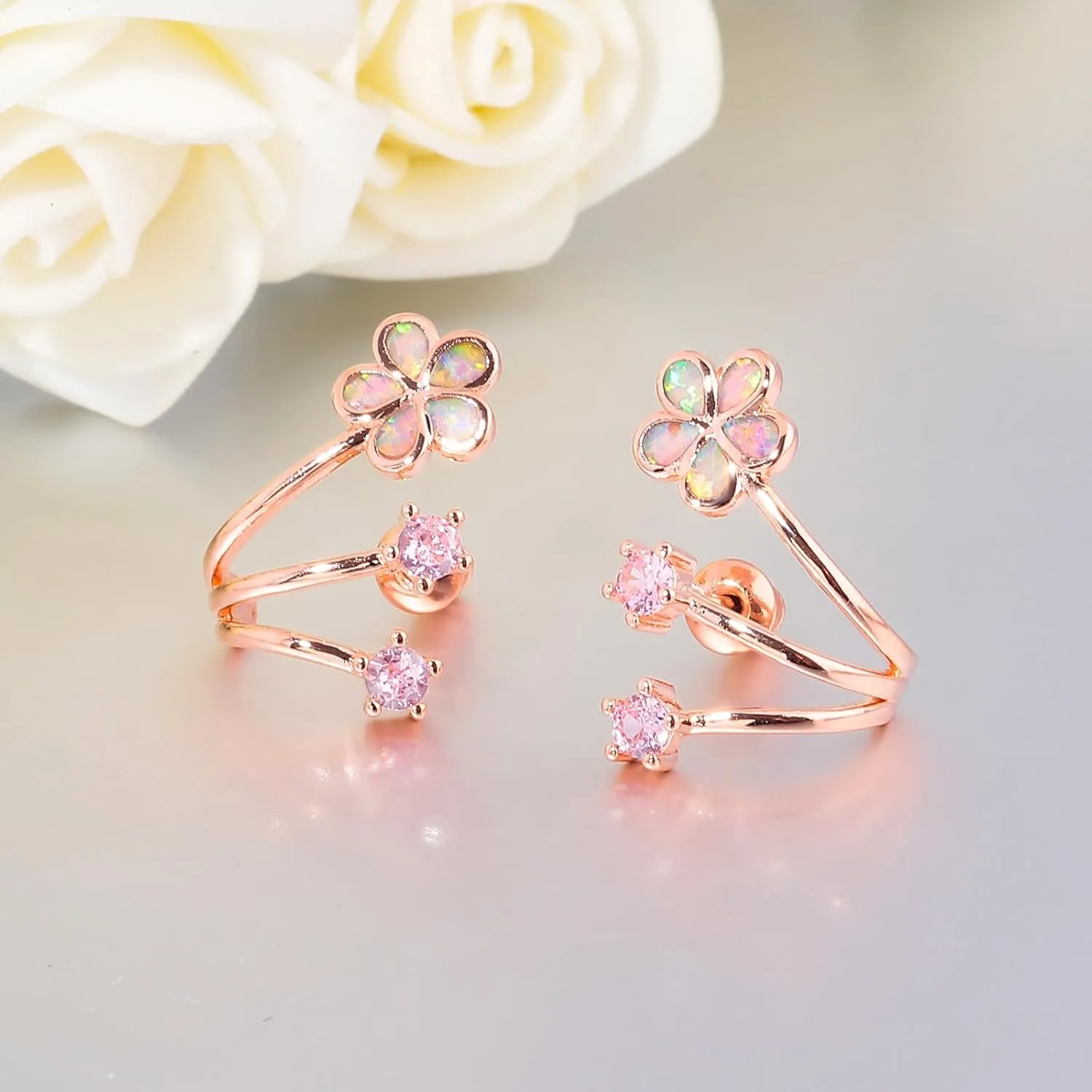 CiNily Cuffs Stud Earrings for Women Trendy 14K White Gold Plated Created Fire Opal Flower Piercings Studs Earrings Cubic Zirconia Claw Ear Wrap Earrings Jewelry Gift for Wedding Party Birthday