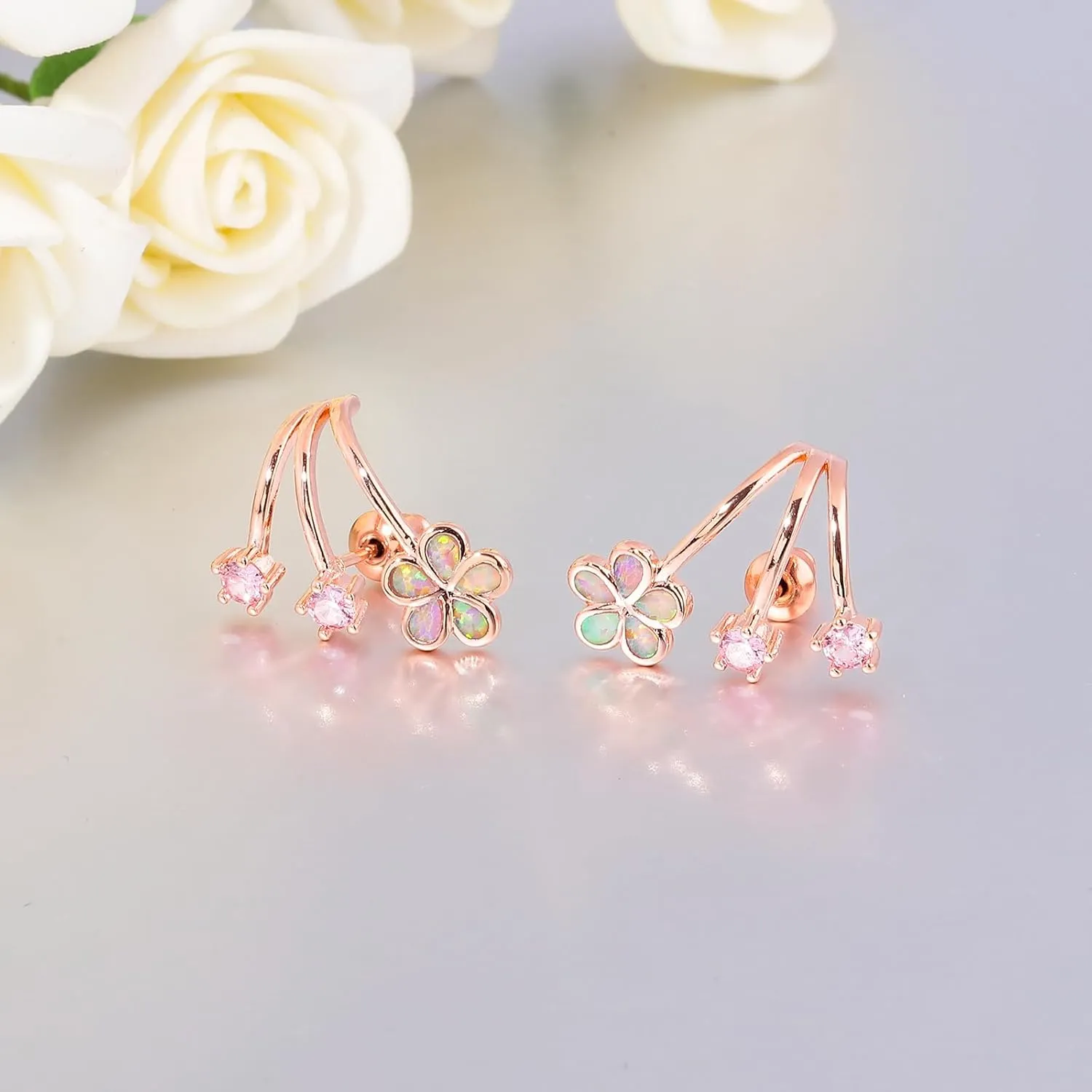 CiNily Cuffs Stud Earrings for Women Trendy 14K White Gold Plated Created Fire Opal Flower Piercings Studs Earrings Cubic Zirconia Claw Ear Wrap Earrings Jewelry Gift for Wedding Party Birthday