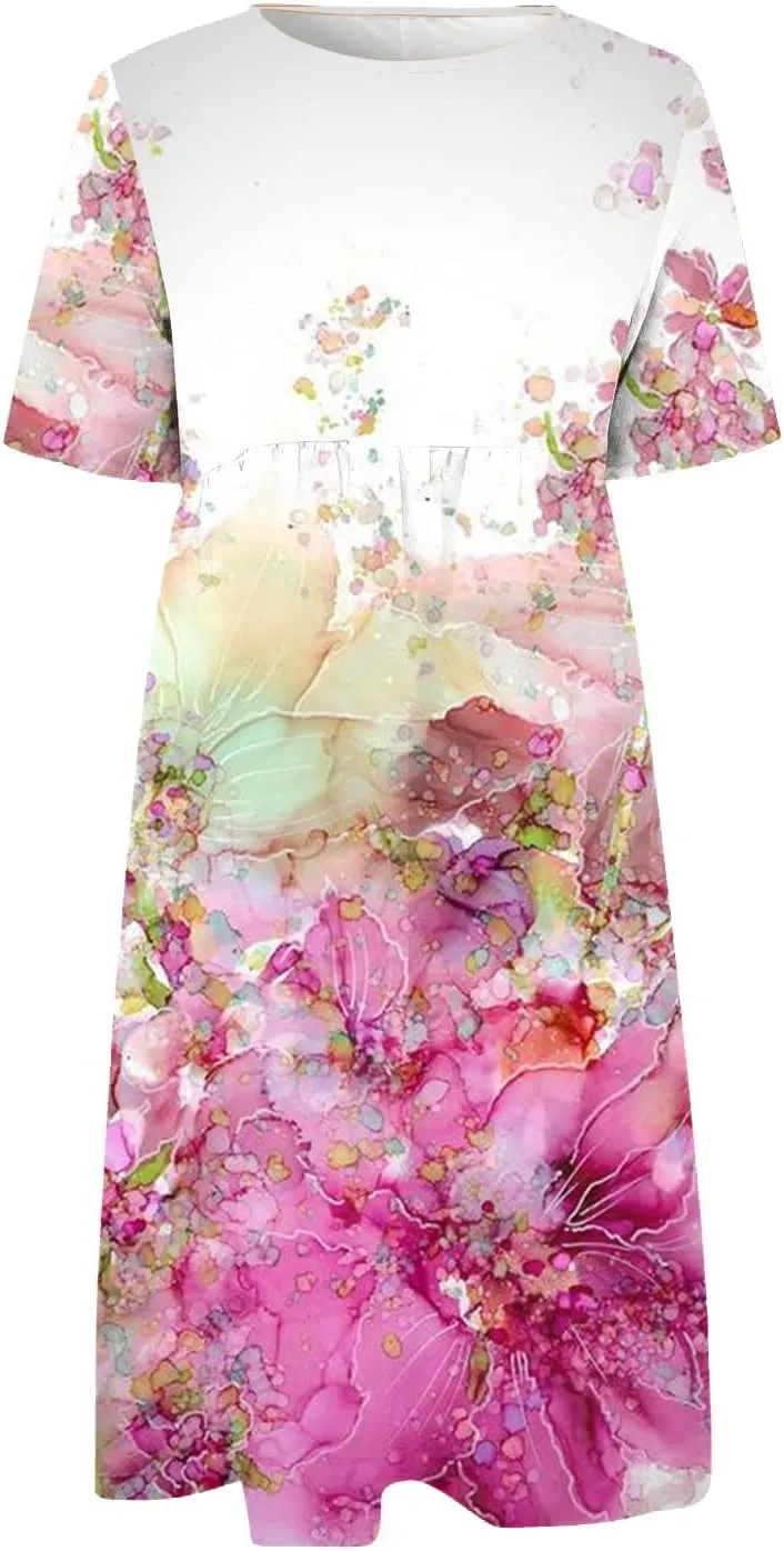 Classic Summer Long Short Sleeve Dresses for Women Active Baggy Cool Graphic Dress Cotton Pocket Pullover.