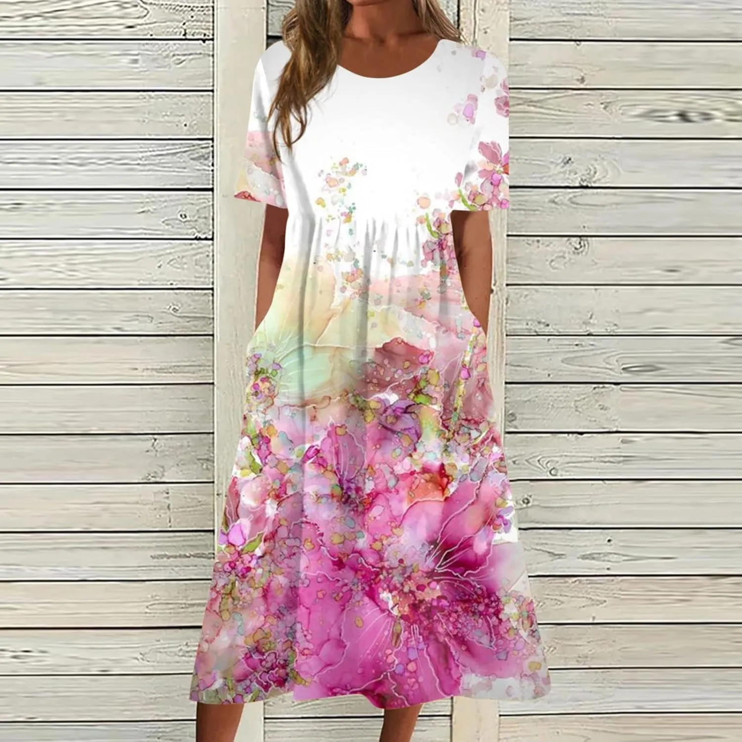 Classic Summer Long Short Sleeve Dresses for Women Active Baggy Cool Graphic Dress Cotton Pocket Pullover.