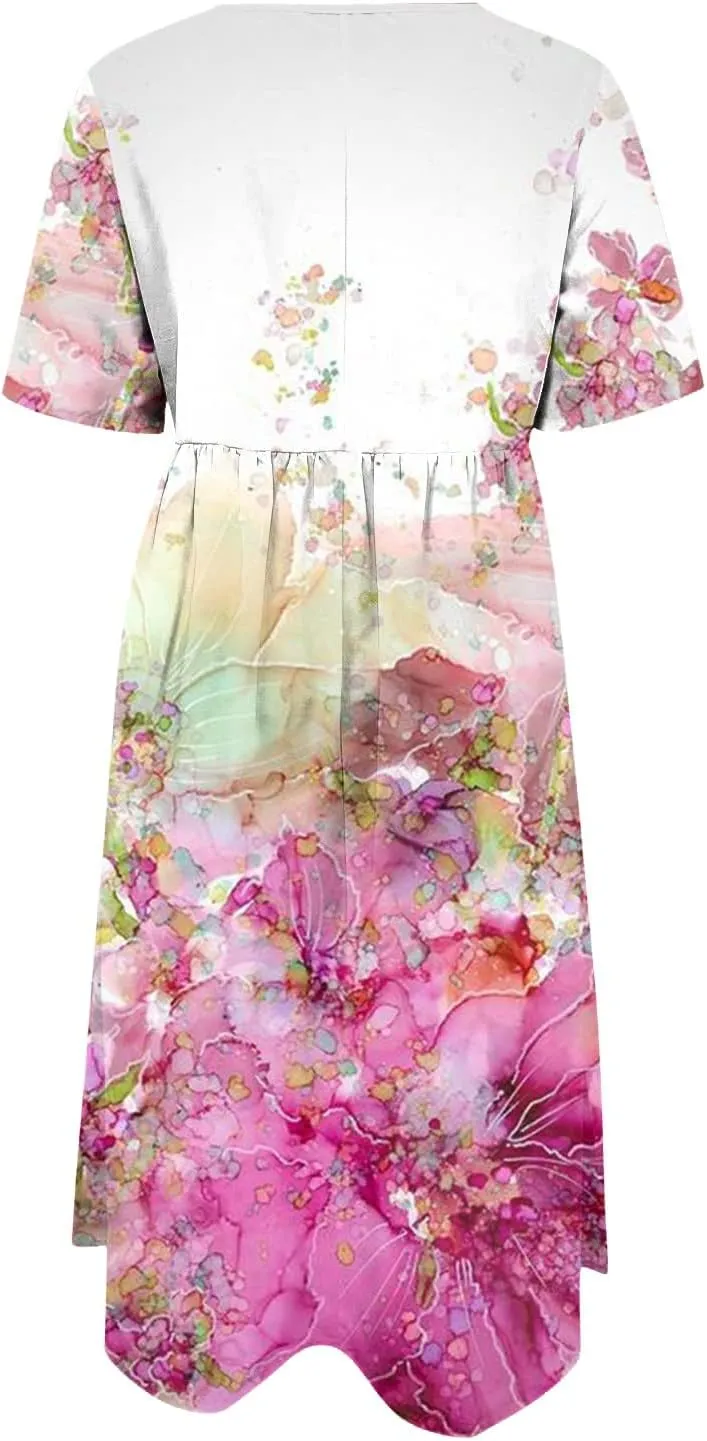 Classic Summer Long Short Sleeve Dresses for Women Active Baggy Cool Graphic Dress Cotton Pocket Pullover.