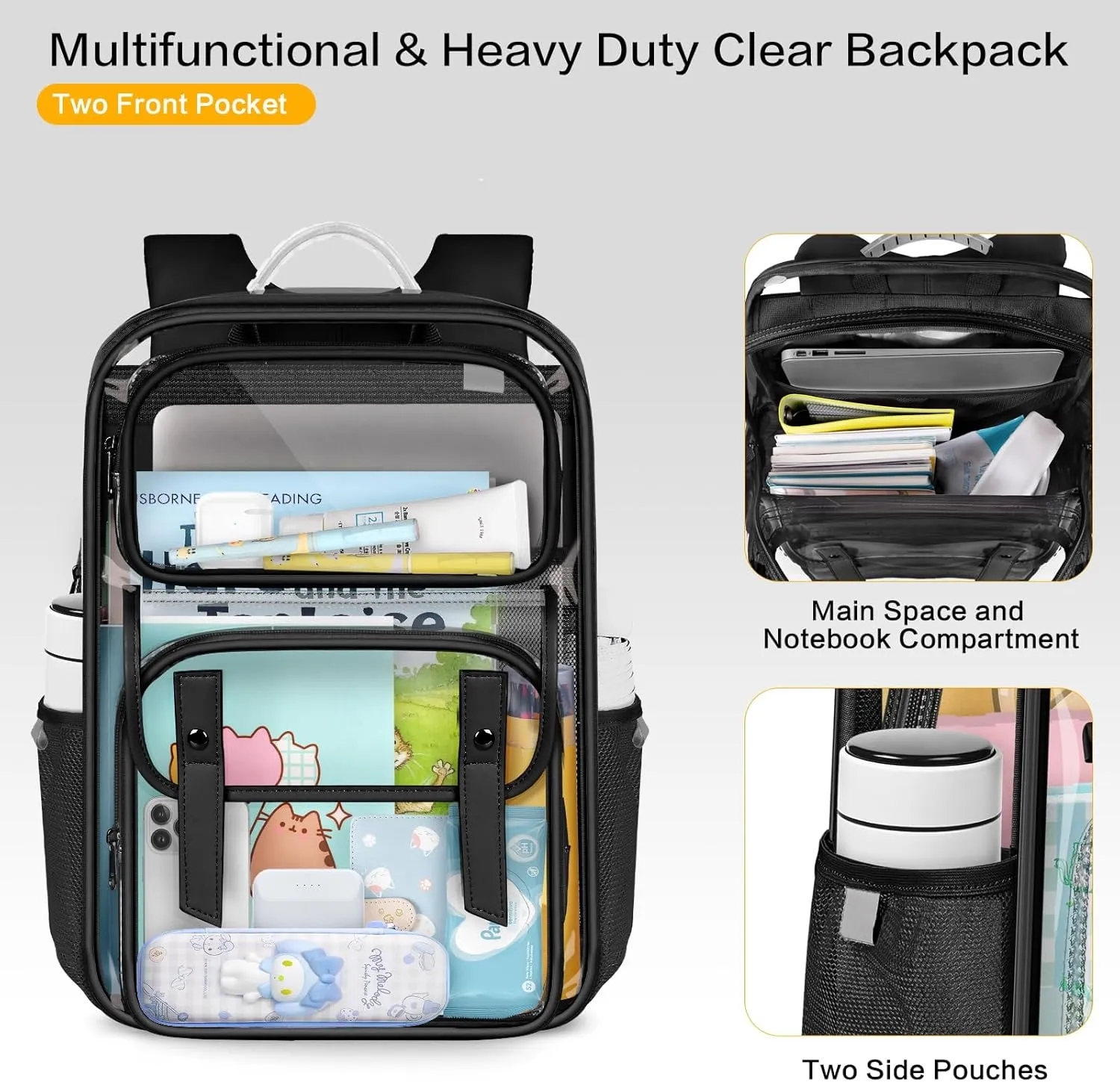Clear Backpack Heavy Duty, Transparent Backpacks with Reinforced Straps PVC See Through Bookbag Multi-pockets for College Work Travel - Black