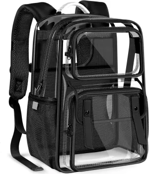 Clear Backpack Heavy Duty, Transparent Backpacks with Reinforced Straps PVC See Through Bookbag Multi-pockets for College Work Travel - Black