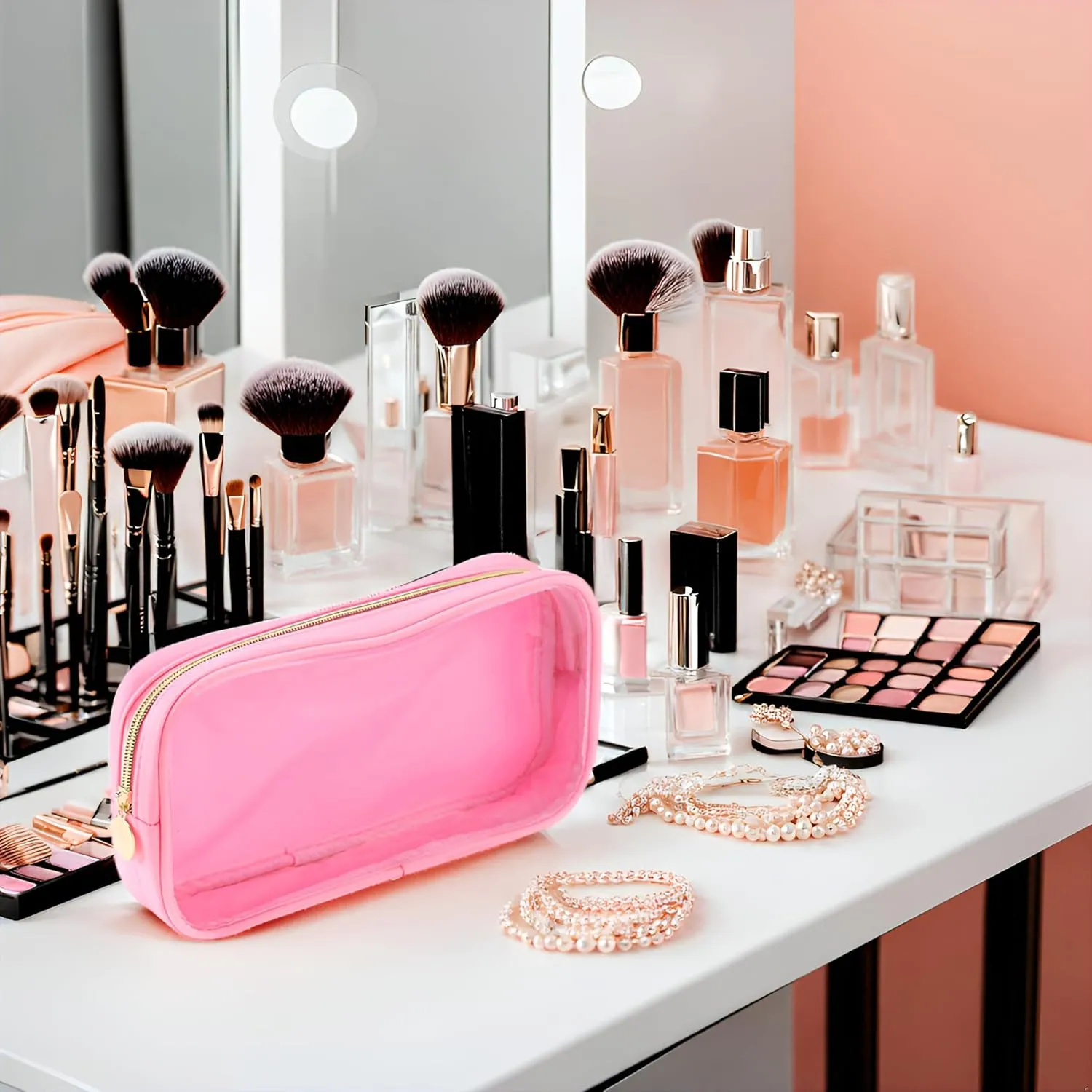 Clear Makeup Bags For Women Small Travel Cosmetic Bag Waterproof Toiletry Storage Bag Pouches For Purse Zipper Girls Preppy Organizer(Pink,Small)