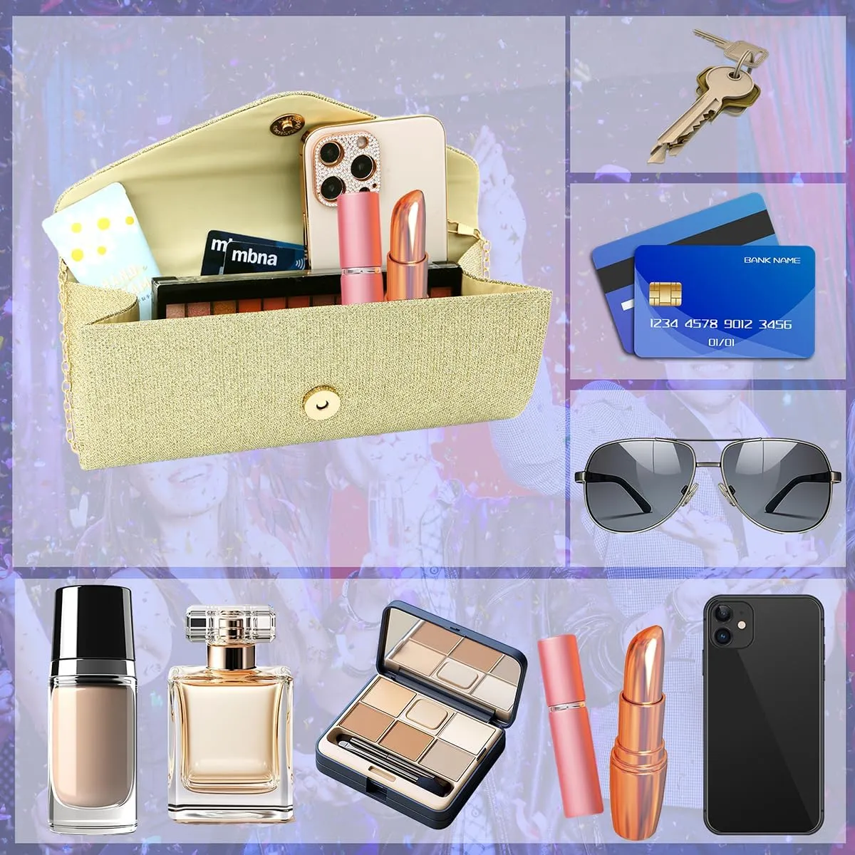 Clutch Purses for Women,Evening Bag Envelope Clutch with Detachable Chain Sparkle Elegance