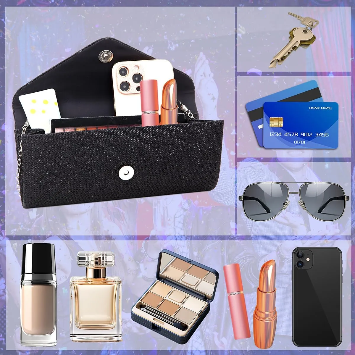Clutch Purses for Women,Evening Bag Envelope Clutch with Detachable Chain Sparkle Elegance