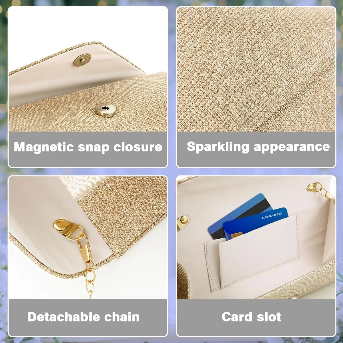 Clutch Purses for Women,Evening Bag Envelope Clutch with Detachable Chain Sparkle Elegance
