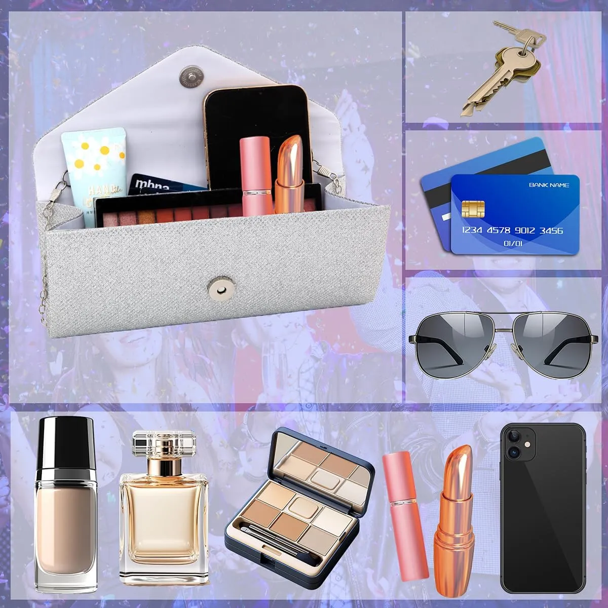 Clutch Purses for Women,Evening Bag Envelope Clutch with Detachable Chain Sparkle Elegance