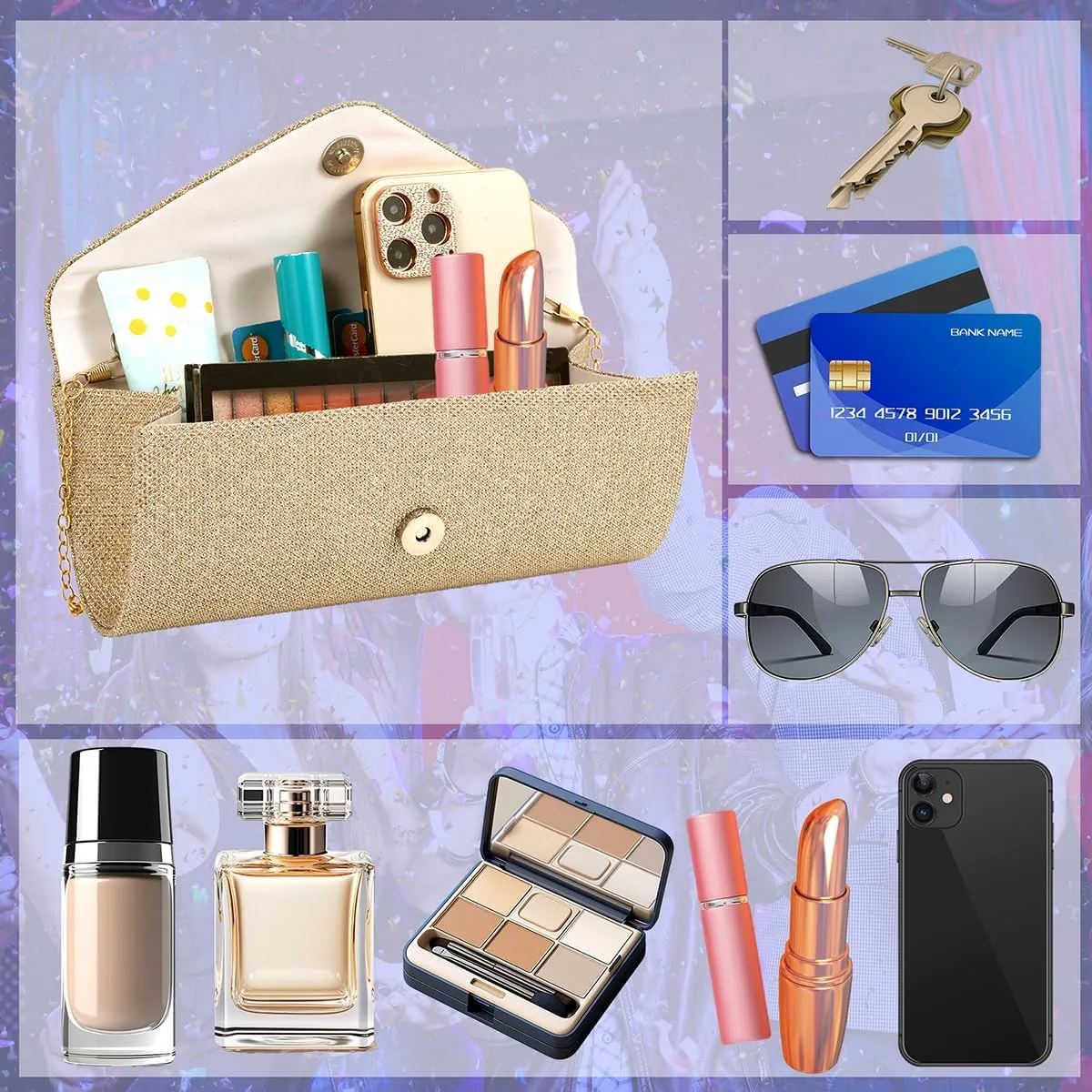 Clutch Purses for Women,Evening Bag Envelope Clutch with Detachable Chain Sparkle Elegance