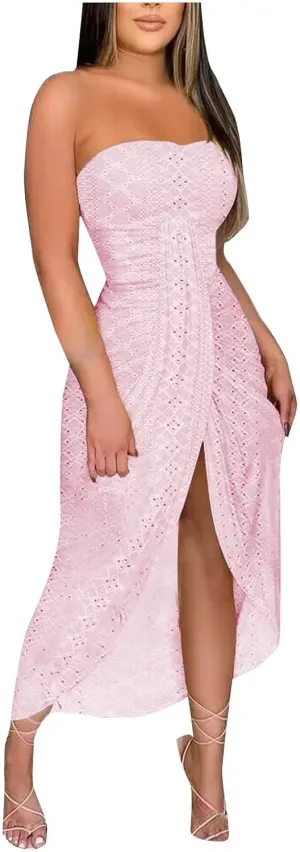 Cocktail Dresses for Women Sexy High Split Bodycon Strapless Eyelet Embroidery Wedding Dress Summer Casual Sundress