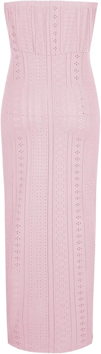 Cocktail Dresses for Women Sexy High Split Bodycon Strapless Eyelet Embroidery Wedding Dress Summer Casual Sundress