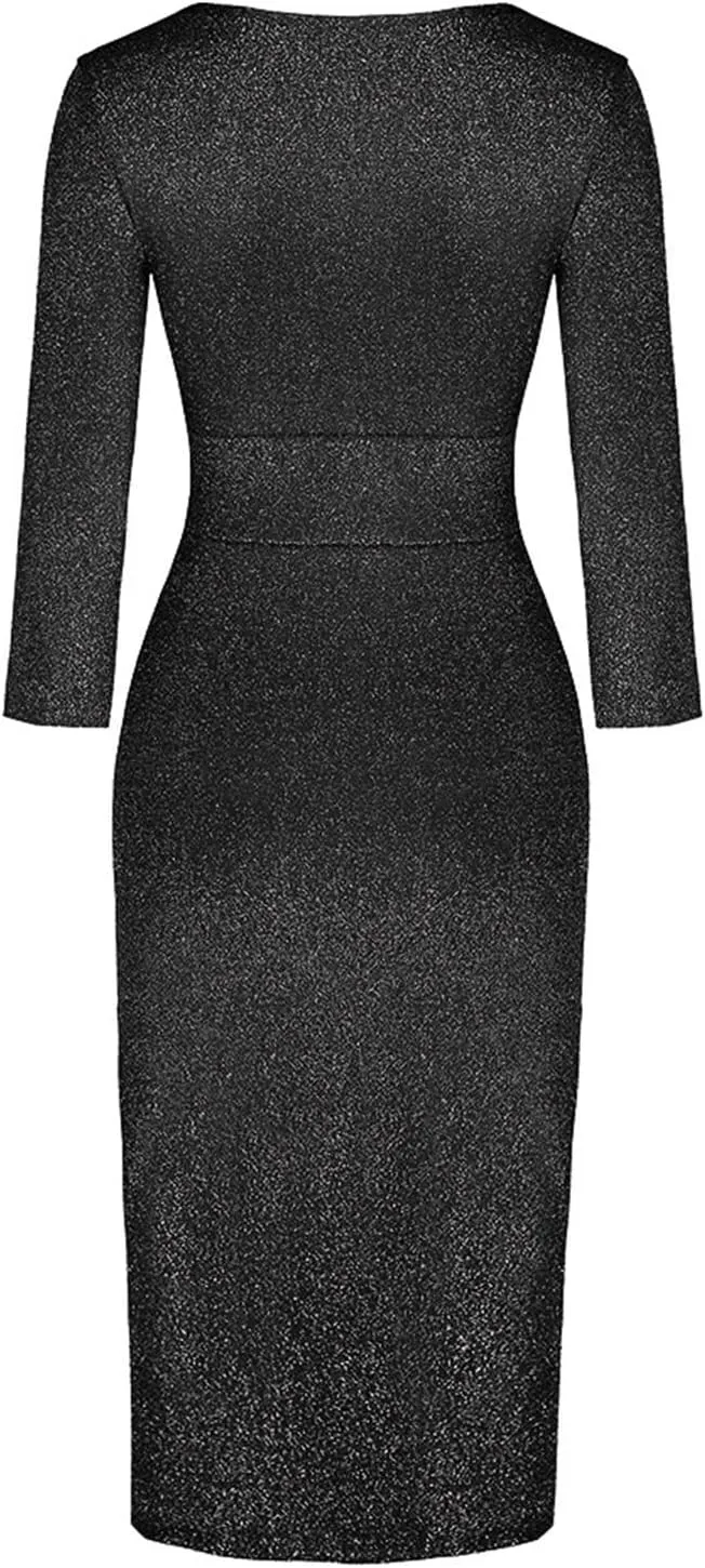 Cocktail Party Dresses,Elegant Formal Long Sleeve Sparkly Dress Plus Size Sexy Bodycon V Neck Smocked Slit Dress