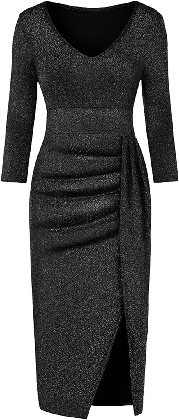 Cocktail Party Dresses,Elegant Formal Long Sleeve Sparkly Dress Plus Size Sexy Bodycon V Neck Smocked Slit Dress