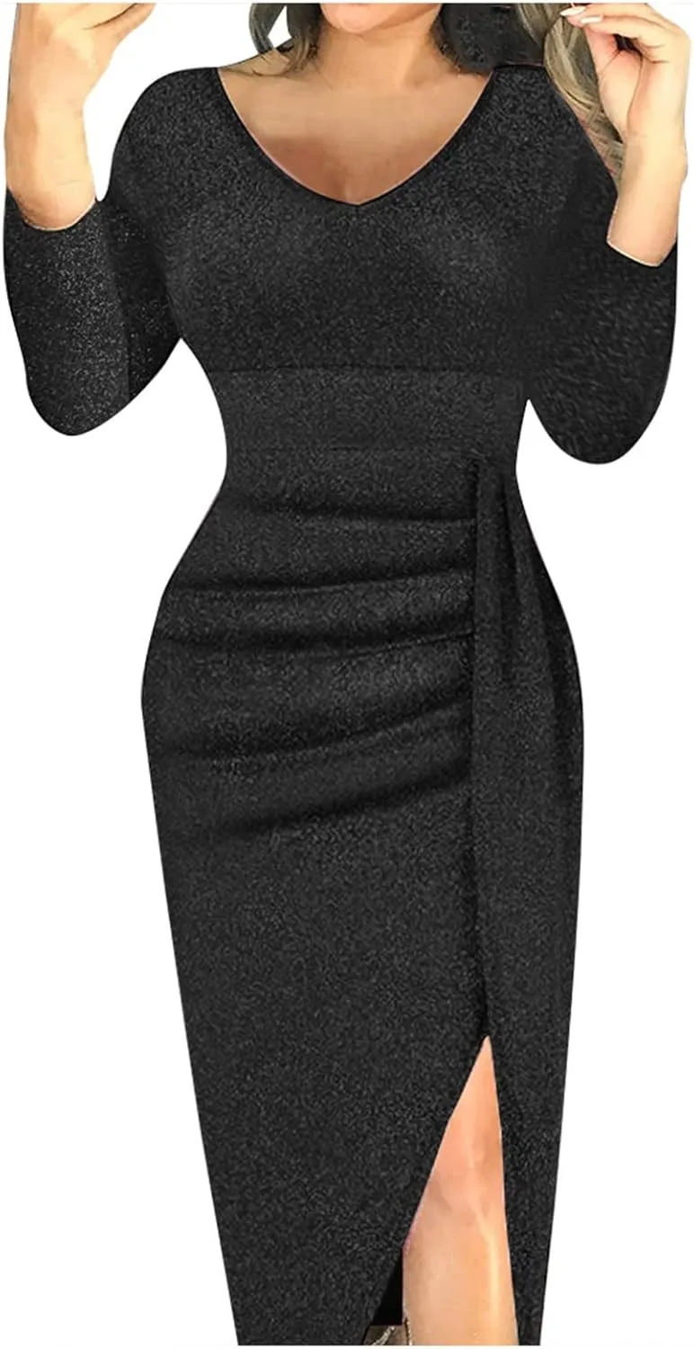 Cocktail Party Dresses,Elegant Formal Long Sleeve Sparkly Dress Plus Size Sexy Bodycon V Neck Smocked Slit Dress