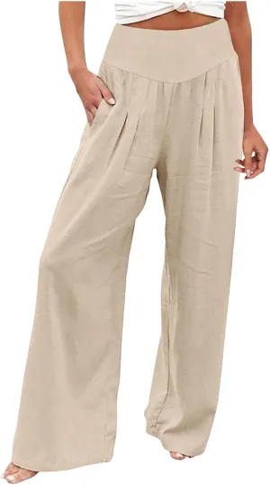Corduroy Pleated Pants for Women Winter Everyday Hiking Pants with Pockets Elastic Waist High Waisted