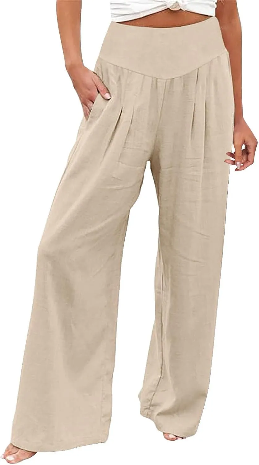 Corduroy Pleated Pants for Women Winter Everyday Hiking Pants with Pockets Elastic Waist High Waisted