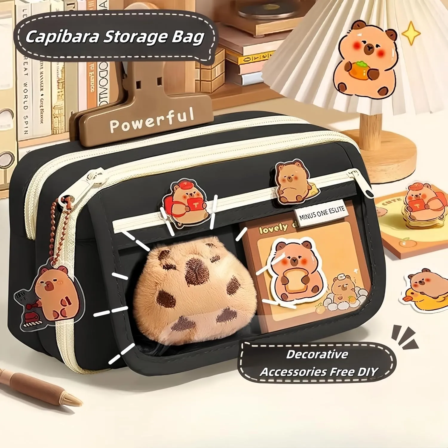 Cosmetic Bag Nine-layer Large Capacity Capybara Cosmetic Bag Office Stationery Storage Bag Set Plush Doll   20* Stickers   2* Brooches   1* Sticker   1* Keychain (Black)