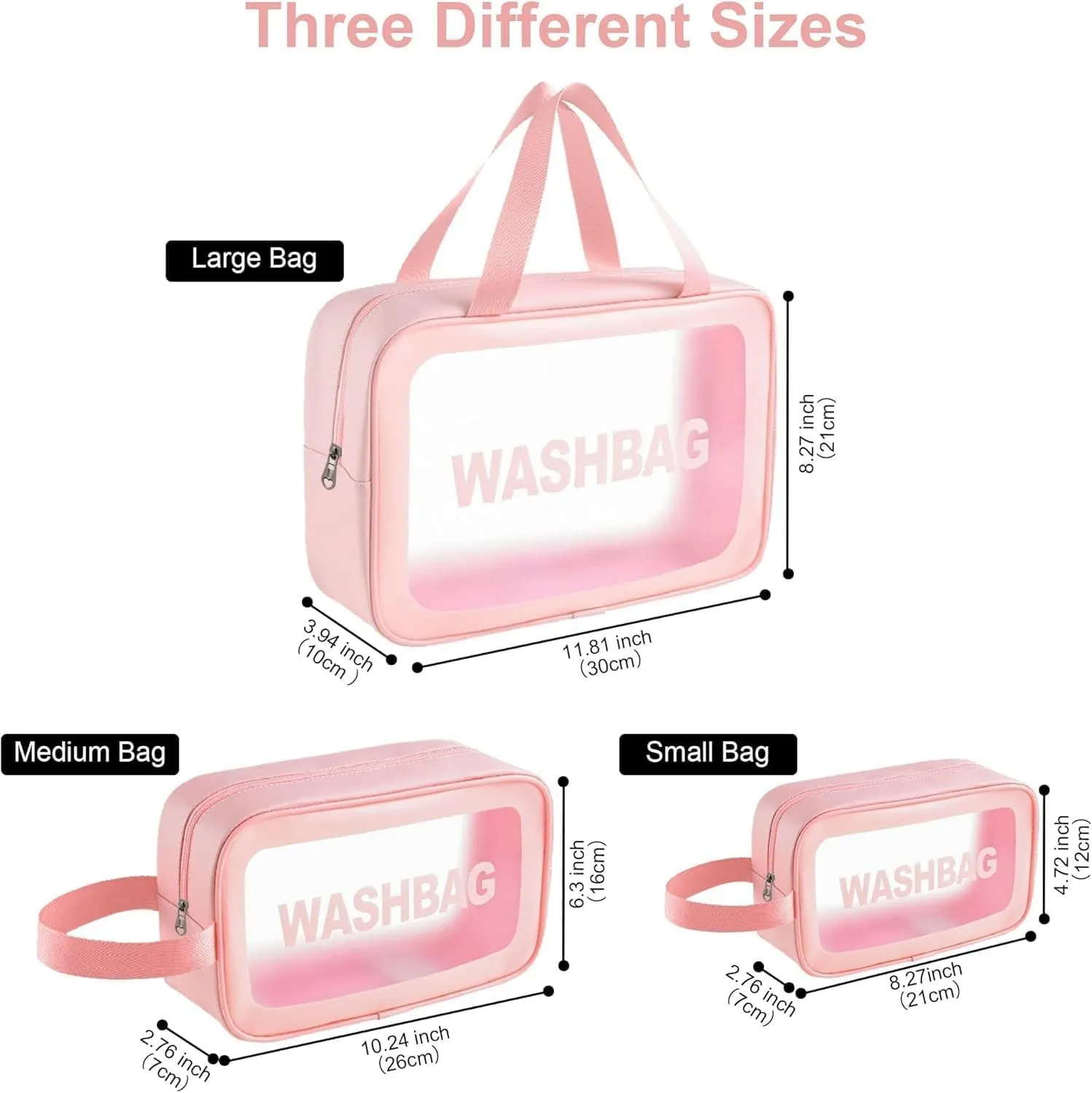 Cosmetic Makeup Organizer Pouch Bag for Women, Wash Bag for Travel, Toilery Organizer Kit, 3 Pcs Wash Bag Set, Pink