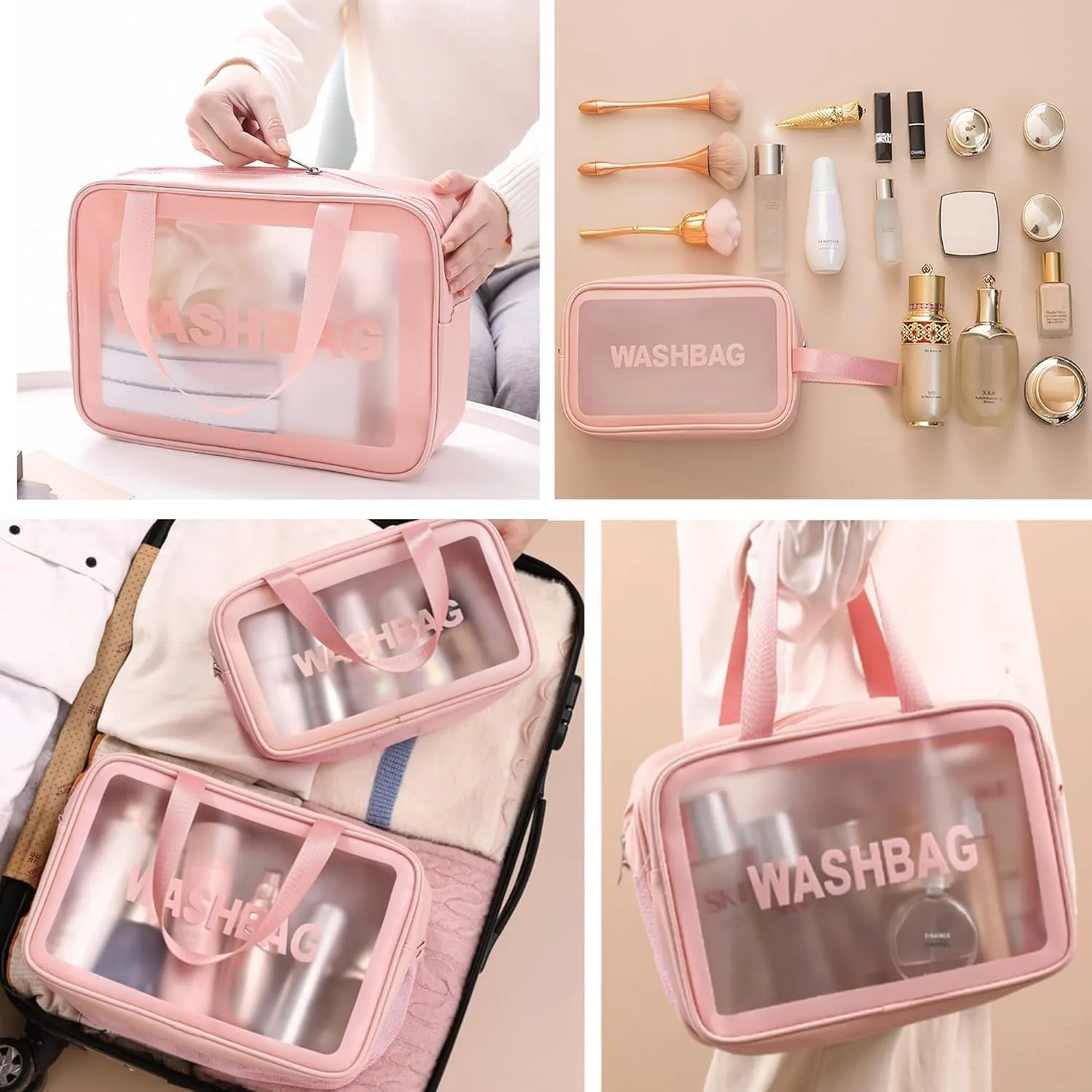 Cosmetic Makeup Organizer Pouch Bag for Women, Wash Bag for Travel, Toilery Organizer Kit, 3 Pcs Wash Bag Set, Pink