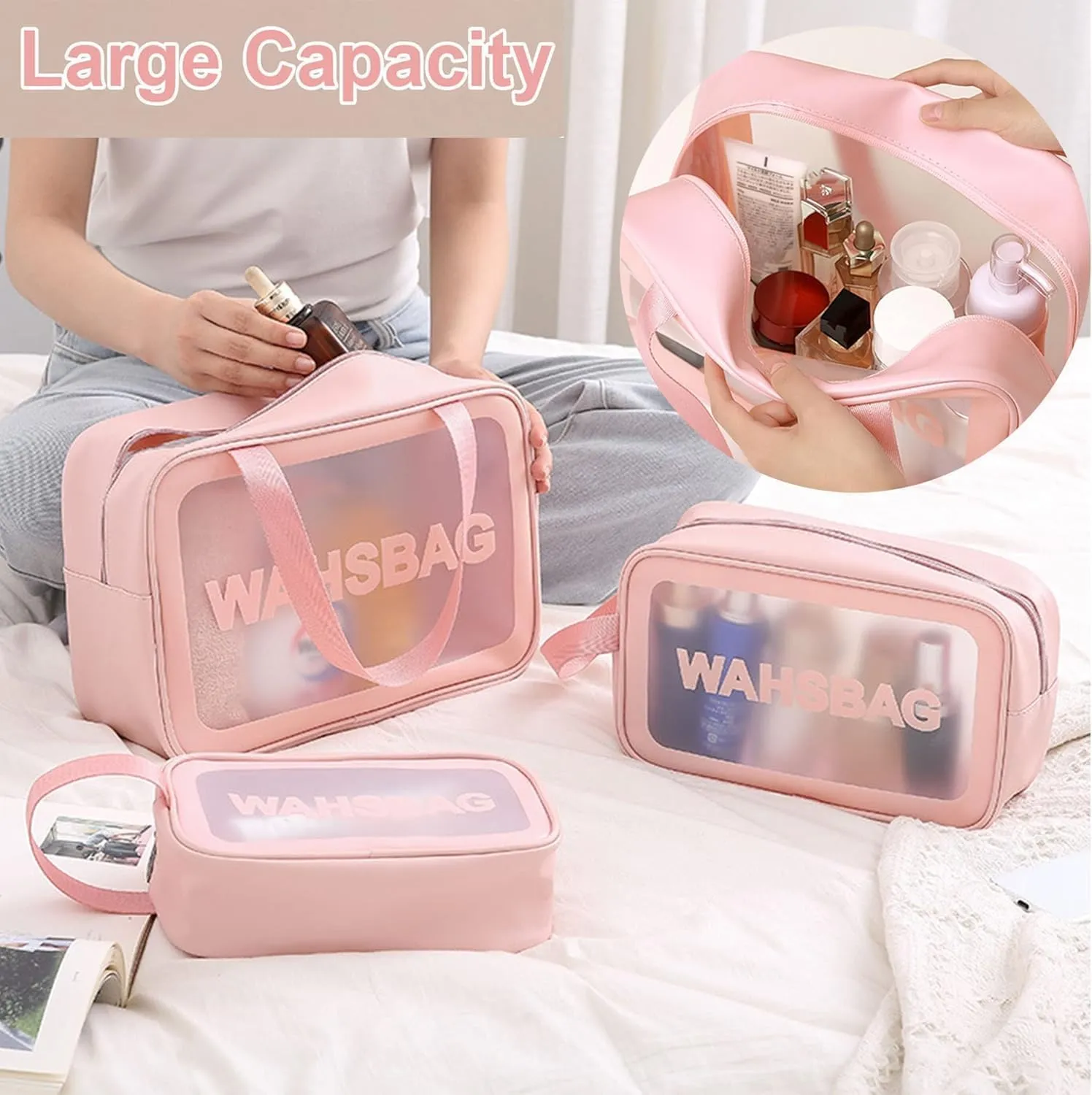 Cosmetic Makeup Organizer Pouch Bag for Women, Wash Bag for Travel, Toilery Organizer Kit, 3 Pcs Wash Bag Set, Pink